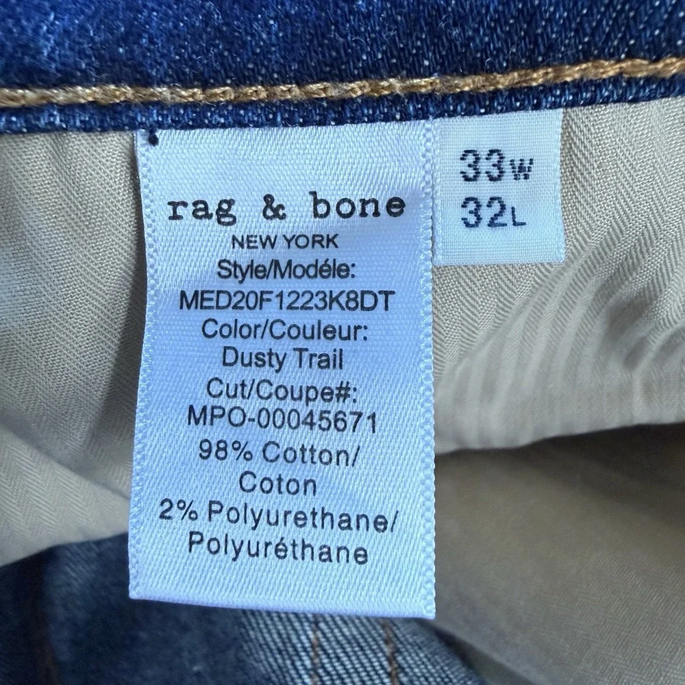 Rag & Bone Men's Jeans Fit 2 Slim 33W 32L Medium Wash Dusty Trail EUC